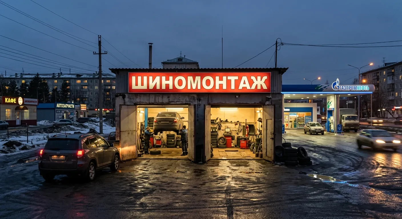 Въезд в шиномонтаж: въезд со стороны АЗС «Газпромнефть»